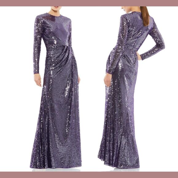 NWT $598 Mac Duggal [ 4 ] Sequined Long Sleeve Draped Gown Purple Amethyst S1092 - Picture 1 of 16